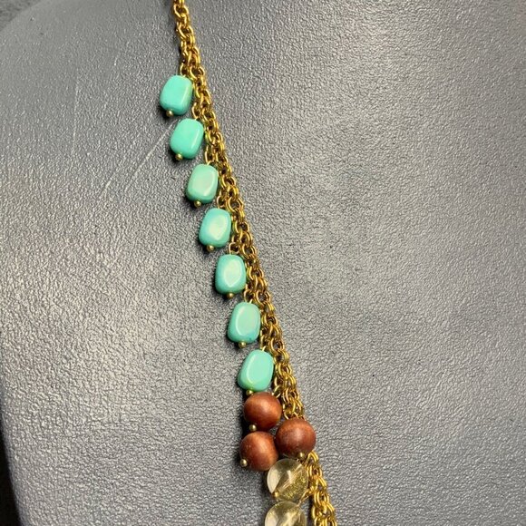 BoHo Multicolor Bead Necklace 32 In Gold Chain Wooden Brown Royal Blue Turquoise - Picture 2 of 9